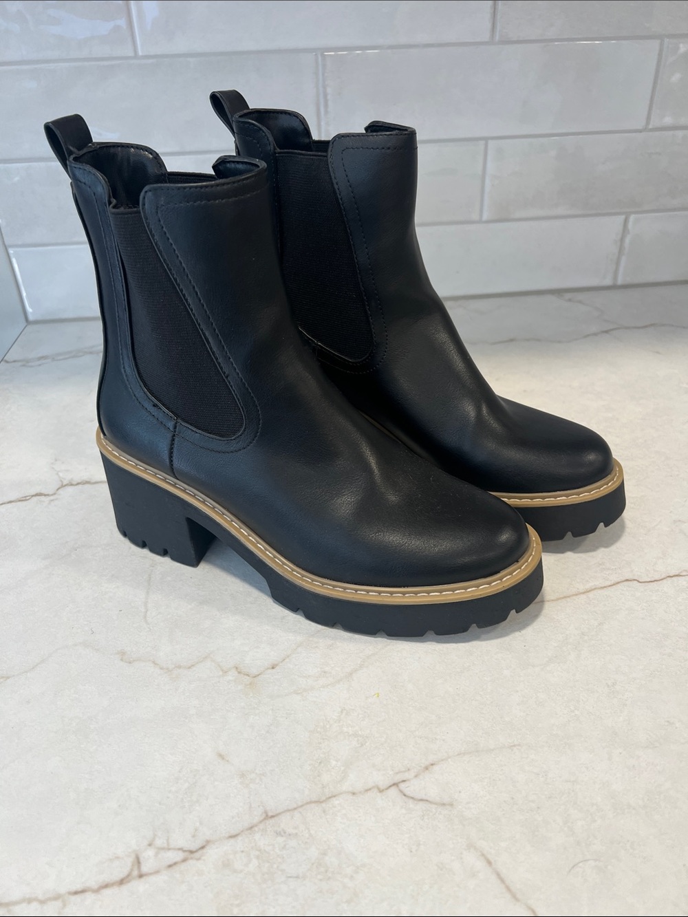 Dolce Vita Black Leather Chelsea Platform Booties with Tan Welt